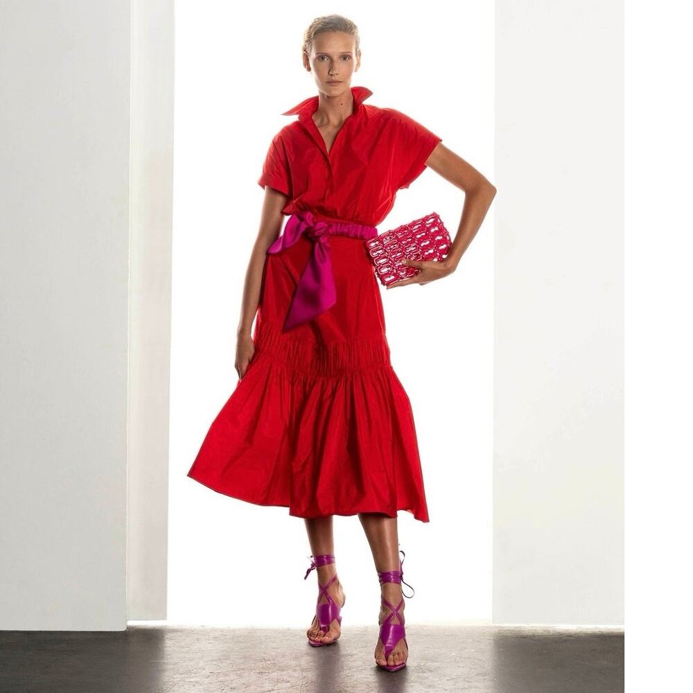 Silvia Tcherassi Red Midi Shirt Dress V-neckline Tiered Skirt Modern Size M